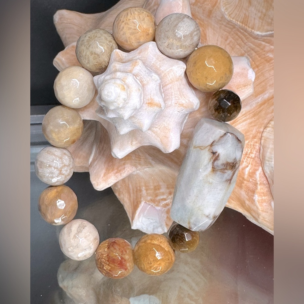 FOSSILIZED CORAL + AQUAMARINE NATURAL STONES BRACELET size 7”